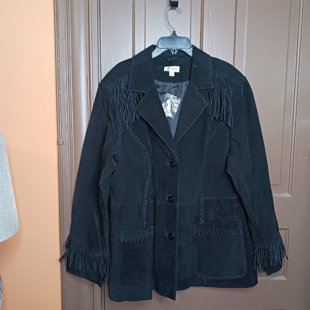 Vintage Denim & Co. Women's Leather Fringe Blazer Black Jacket size 1X
